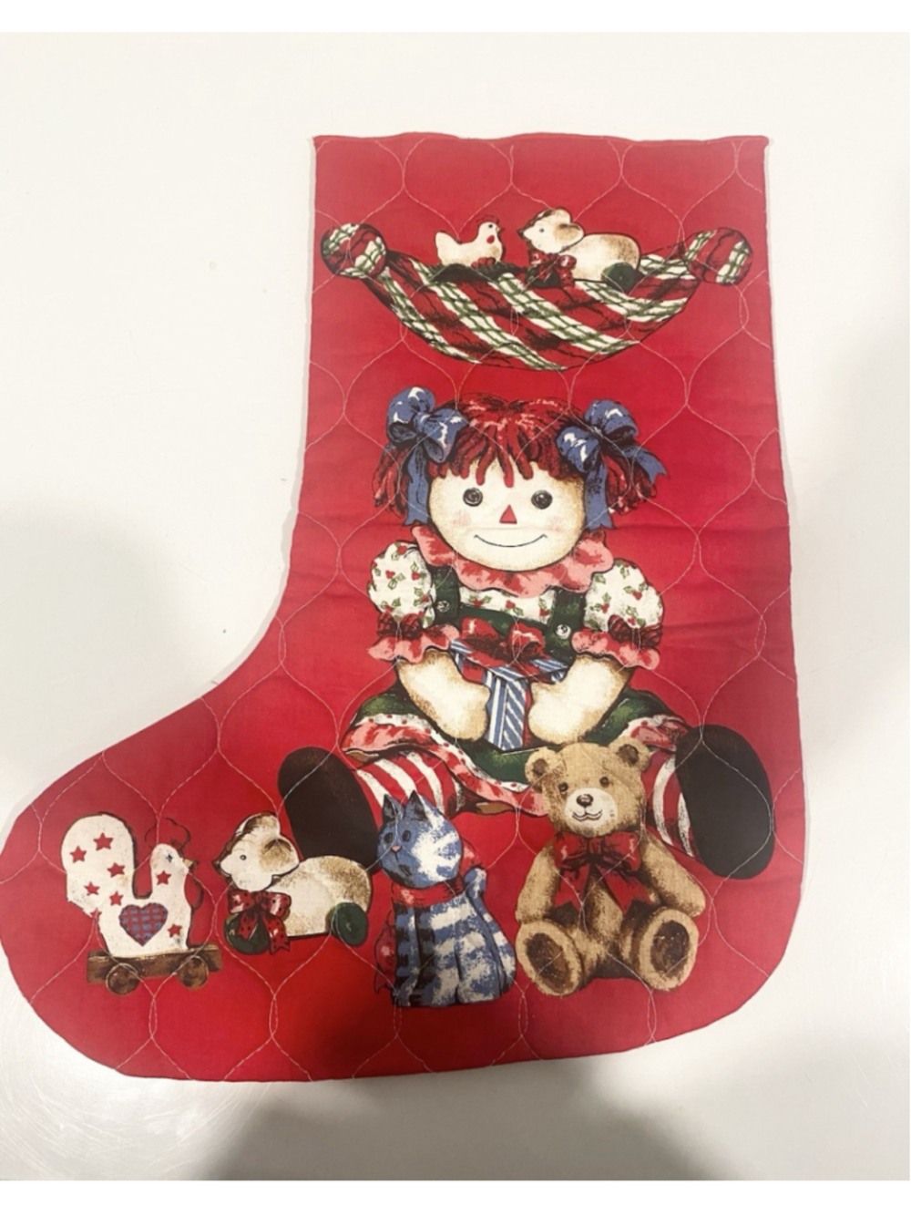 Vintage Cranston VIP Raggedy Ann Christmas Stocking Quilted Toys 16” Handmade